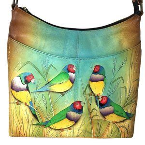 Anuschka Teal Green Yellow Multicolor Painted Birds Crossbody Bag